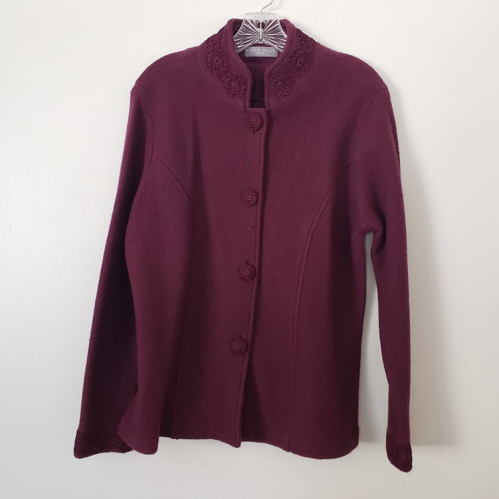 Kate Hill Wool Sweater Jacket Crocheted Details & Buttons Magenta Size Large P - Picture 2 of 9